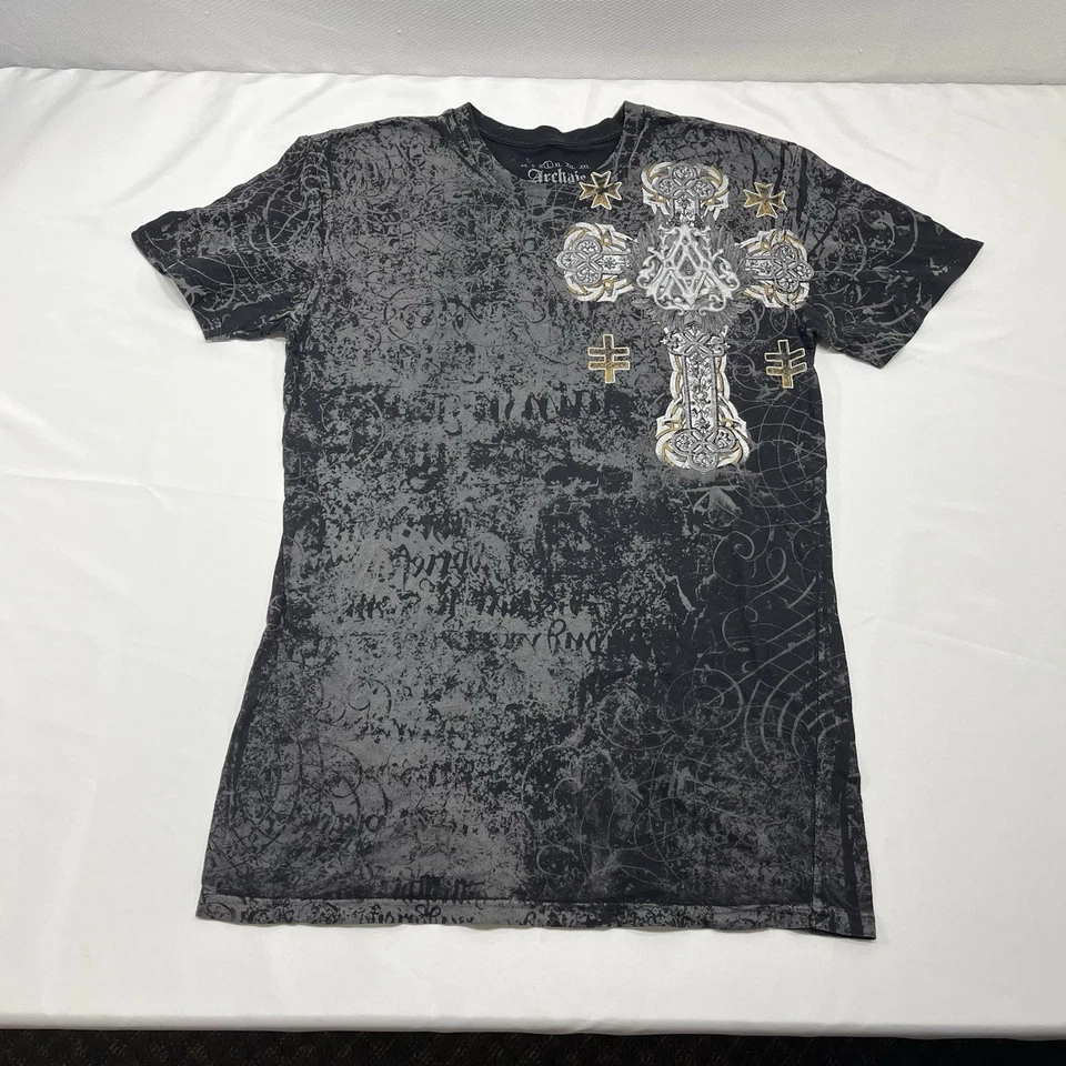 Archaic Affliction 衬衫男式大号黑色十字翼图形自行车 Goth MMA T 恤 — 第 2/4 张图片