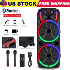 Portable Bluetooth Speaker Dual 15'' Subwoofer FM Heavy Bass Sound Karaoke W/Mic