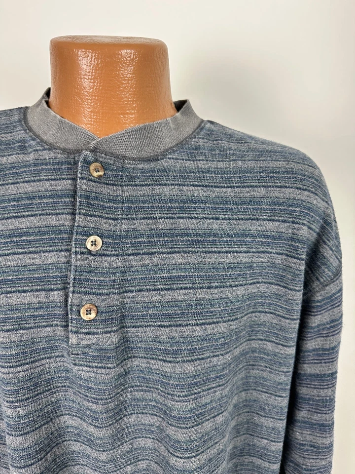 Camisa De Colección Años 90 Eddie Bauer Henley Hombres XL Algodón Pesado Gris Azul Rayas EE. UU. Foto 3 de 4