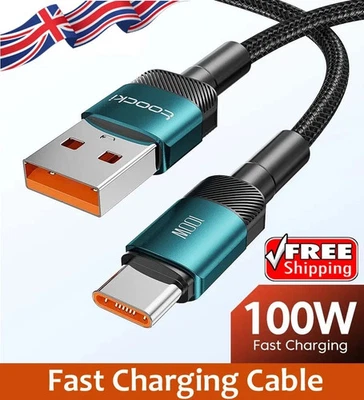 BRANDED USB A to Type C Cable 6A 100W Fast Charger Braided Long Lead 0.25M 1M 2M 3M UK