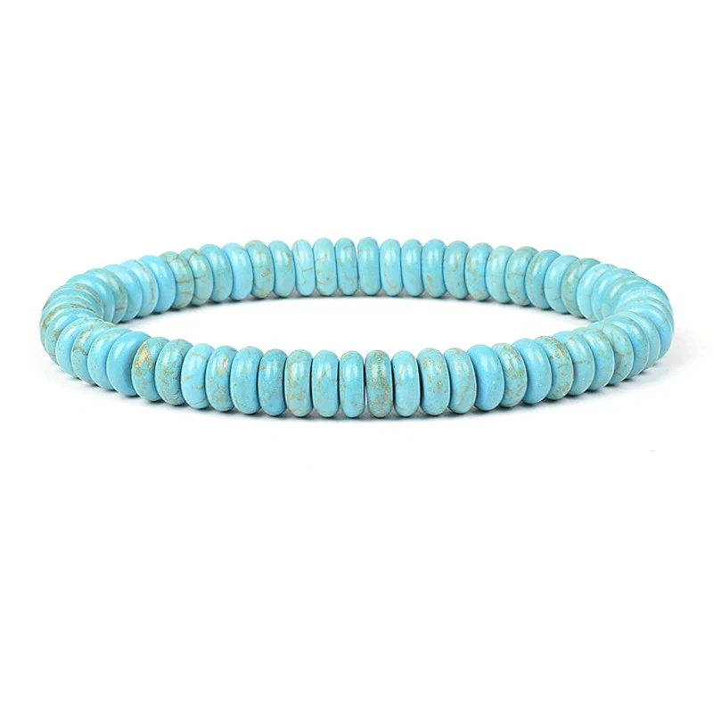 Blue Turquoise Stone Beaded Bracelet Men Cube Cylindrical Elastic Cord Jewelry - Image 3 of 4