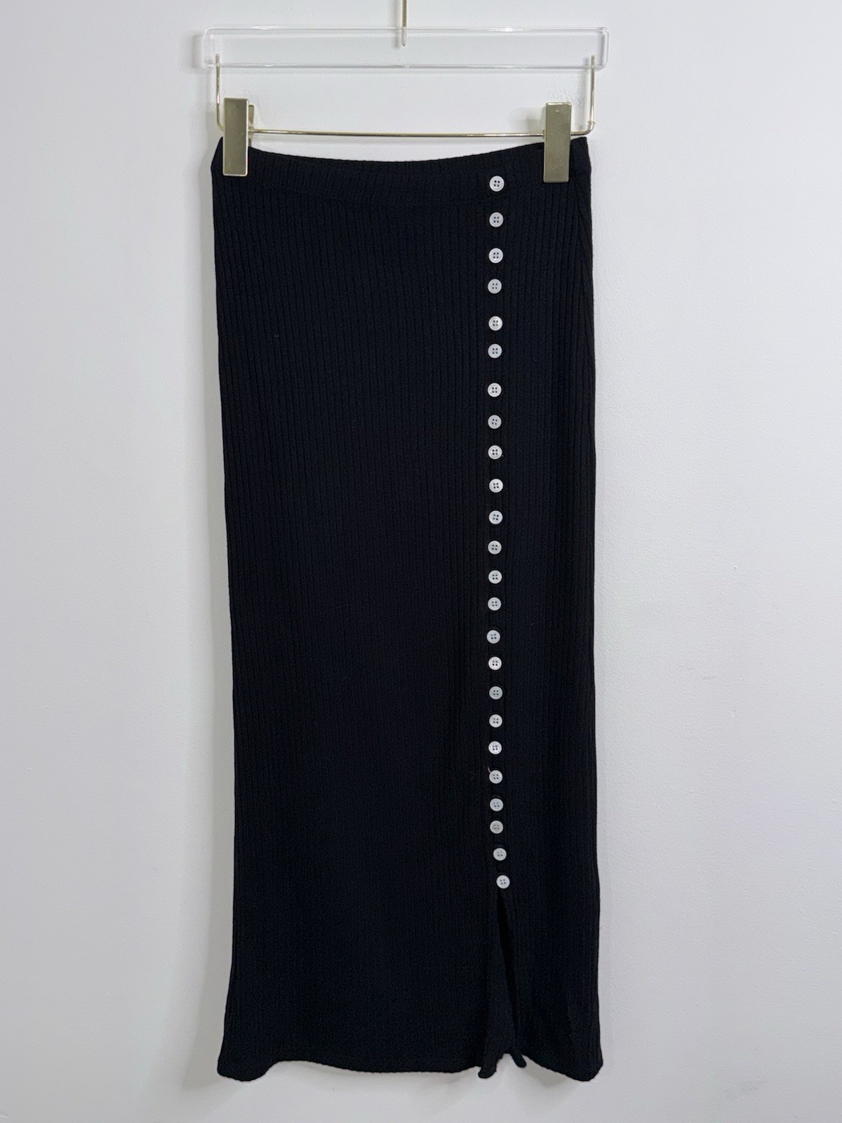 Reformation Alberta Midi Skirt Black Straight Pencil Ribbed Size XS Buttons