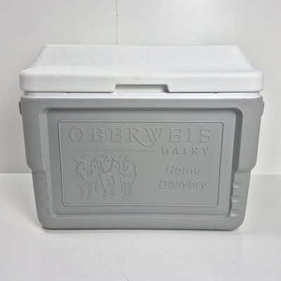 #ad Vtg Coleman Oberweis Dairy Box Home Delivery Milk Grey Ice Chest Cookout Cooler $125.00