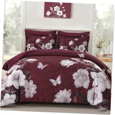 Floral Size Comforter Set, 7 Pieces Bed in a Bag, Elegant Floral King Burgundy