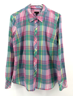 Talbots Pastel Plaid Button Down Shirt Pink Blue Green Cotton Classic Women M