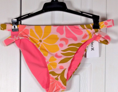 Hurley Isola Max Tab Bikini Bottom NWT Womens M Pink Floral Moderate Coverage