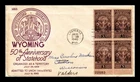 DR JIM STAMPS US COVER WYOMING 50TH ANNIVERSARY FDC PLATE BLOCK ANDERSON