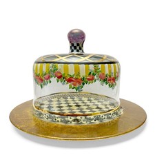 Mackenzie Childs Courtly Check Circus Glass Cake Dome and Wood Underplate