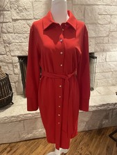 NWT HALSTON Beautiful Sz 12 Red W Gold Buttons Dress Belted Poly Span