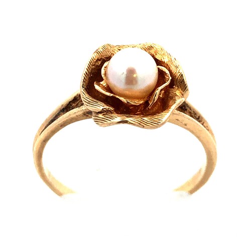Vintage 14K Yellow Gold Pearl Solitaire Flower Rose Cocktail Ring - Picture 6 of 11