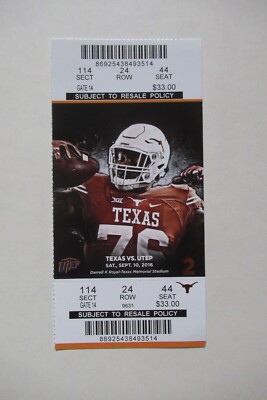 TEXAS LONGHORNS VS UTEP MINERS 9/10/2016 FULL TICKET ~ AARON JONES