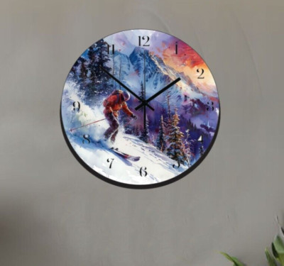 Downhill Skiing Art Wall Hanging Clock Time Piece Winter Sports Ski Slopes
