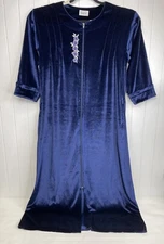 VTG Vanity Fair Velour Full  Zip Robe Navy Blue Floral Embroidery Housecoat Sz M