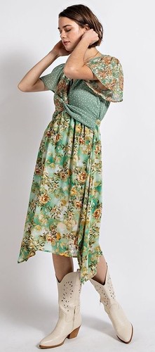 New GIGIO Size S M L Green Floral Dot Print Twist Waist Asymmetrical Dress - Picture 13 of 20