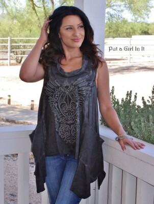 Vocal Apparel Women's Crystal Gray Fleur De Lis Slouch Tunic Tank Top Shirt S M