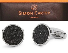 New w/ Box Mens Simon Carter London Black Crystal Fabric Cuff Links Cufflinks