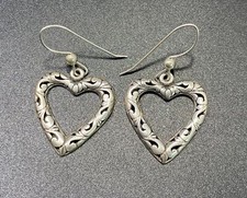 925 Heart Earrings Open Work Hook Dangle Fine Silver