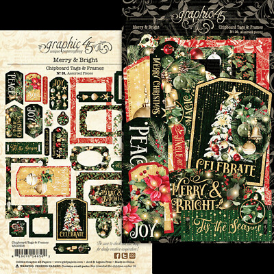 Graphic45 MERRY & BRIGHT (30PC) CHIPBOARD TAGS & FRAMES scrapbooking HOLIDAY