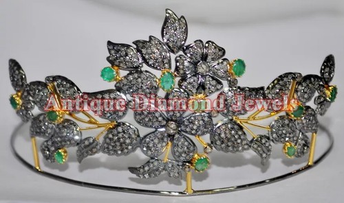16,10ct Rosenschliff Diamant 925 Silber Smaragd Viktorianischer Look Hochzeit Diadem Krone - Bild 5 von 11