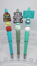 Custom Beaded Pen Sayings Set of 3, Black Ink, Free Refill