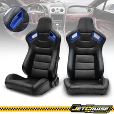 Universal Reclinable Racing Seat Blue Bezel x2 Dual Slider PU & Carbon Leather