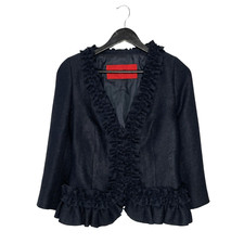 Carolina Herrera CH Woven Ruffle Trim Jacket Size 8 Navy Blue