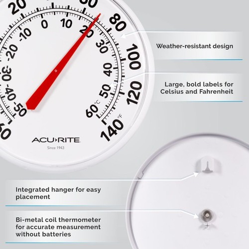 AcuRite Indoor Outdoor Thermometer, 12.5 in Wall Mount with Large Black Numbers - Picture 3 of 4