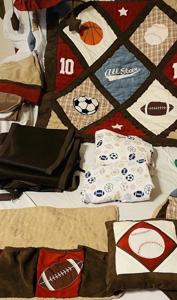 Lot of 13 Pc Baby Room Sports Theme Items. Quilt Dust Ruffle Sheets - Image 2 of 4