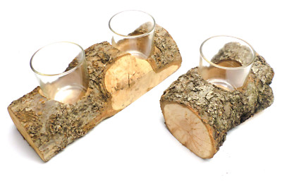 Kerzenhalter Teelichthalter Holz Baumstamm Kerzenständer Holzstamm Glas (E04)