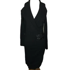 Colleen Lopez Cold Shoulder Dress Size Medium Black Faux Wrap Buckle Detail 