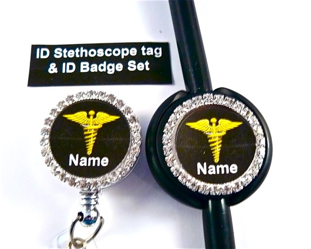 ID STETHOSCOPE TAG & ID BADGE SET BLING CADUCEUS ,RN,NURSE,ER,MEDICAL