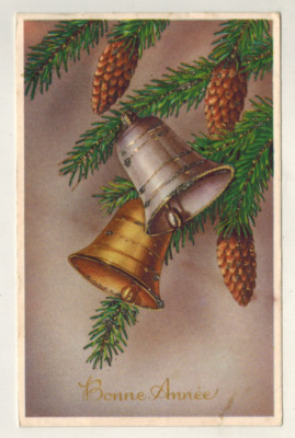 1954-Old postcard-Happy New Year-Bell-Pineapple-A.158