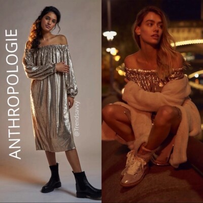 NWT Anthropologie Mare Mare Sequined Midi Dress Matte Gold S $188 Party Wedding