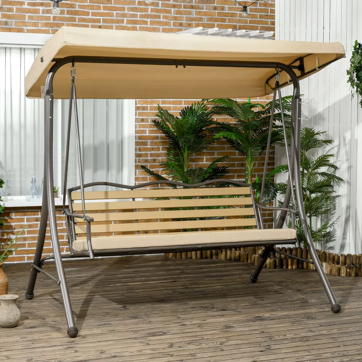 Outsunny 3 Seat Porch Swing with Canopy Outdoor Swing w Cushion