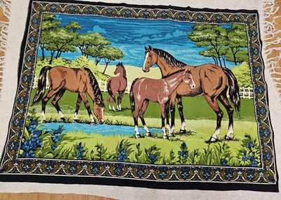 Vintage Horse Tapestry Wall Hanging R.T.C. Colorful 51 X 39 Cabincore Western 