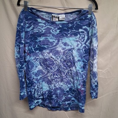 Take Two Clothing Women Size M Medium Blue & Green Sequin Butterfly Shirt