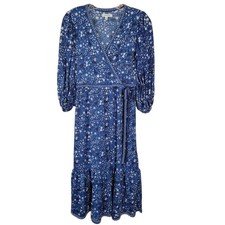 Max Studio Floral Long Sleeves Faux Wrap Midi Dress V Neck Blue White Size XS