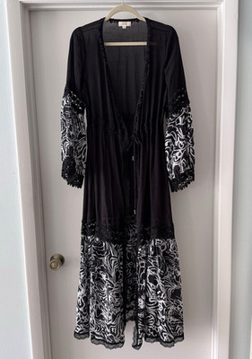 Elan Kimono Maxi Duster Black Print Lace Sheer Boho Festival Whimsygoth Sz M