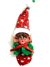 VINTAGE CHRISTMAS PIXIE SEA ELF OYSTER SHELL ORNAMENT  4 5/8"T X 1.25"W UNIQUE