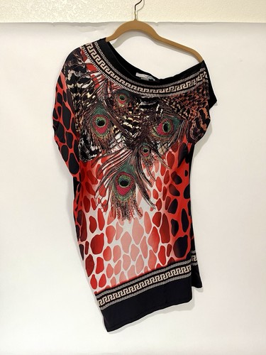 Boho Peacock Leopard Animal Print Y2K Artsy Kaftan Tunic O/S Asymmetric Sleeves
