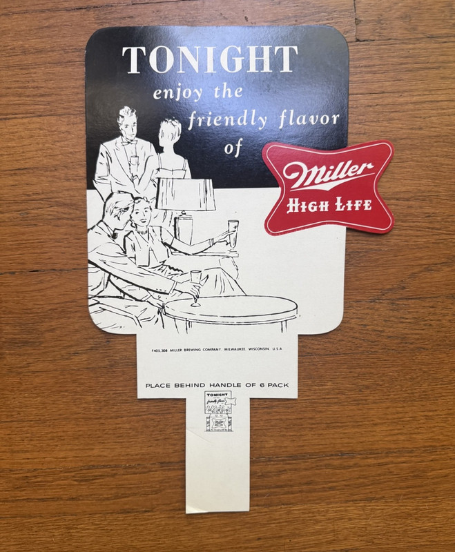 MILLER HIGH LIFE Beer Tonight Six Pack Topper Cardboard Sign (VG, VTG, 50s)