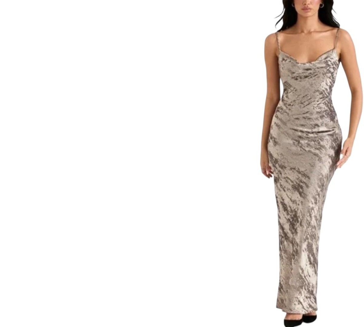 house of cb metallic dress House of CB Gabrielle Metallic Pewter Cowl Neck Satin Maxi Dress M NWT