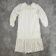 Dazy White Textured Fringe Stripe Lace Trim Long Sleeve Ruffle Hem Midi Dress S