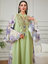 Muslim Women Embroidery Long Dress Abaya Dubai Kaftan Modest Flared Sleeves Gown