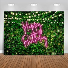 7x5ft Green Leaves Happy Birthday Backdrop Greenery Pink Birthday Party Decor...