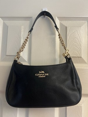 Coach Black Pebbled Shoulder Bag Gold-Tone Chain Strap Zip Closure Detach