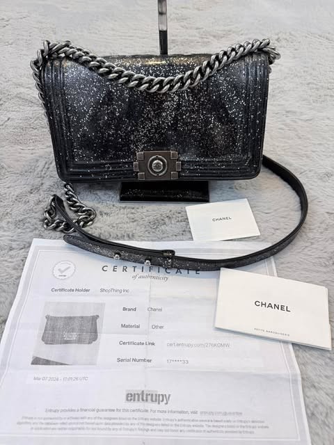 Chanel Boy Bag Medium Crystal Glitter Patent Leather 17-Series Authentic RARE