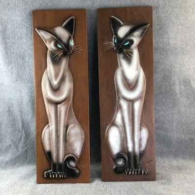 HTF Vintage Pair MCM Burwood Arabesque Siamese Cat Carved Wall Art Plaque