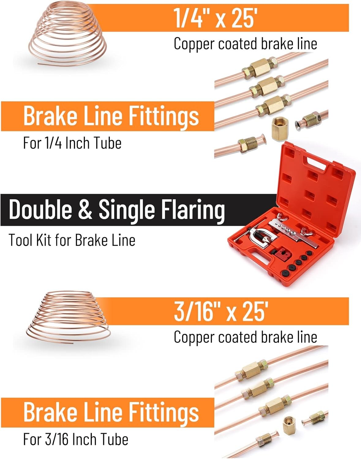 New 25ft 3/16 + 1/4 Copper Coated Brake Line & Double & Single Flaring Tool Kit