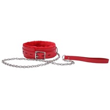Red Leather Choker Collar w/ Soft Fur Lining, Detachable Leash Chain, Durable